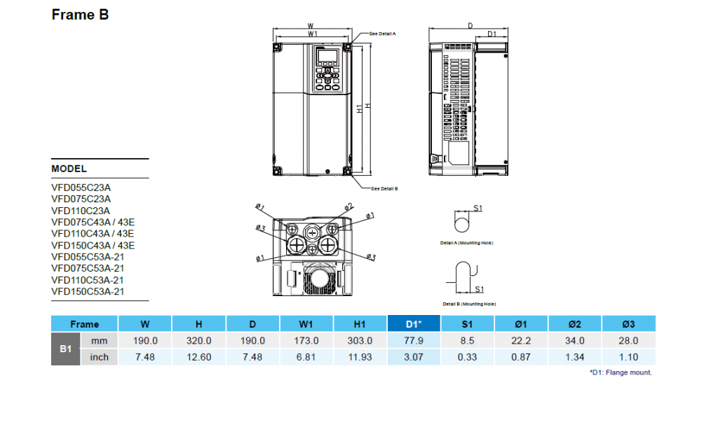 Преобразователь частоты Delta Electronics серии C2000. Размеры типоразмер B (7,5...15 кВт).